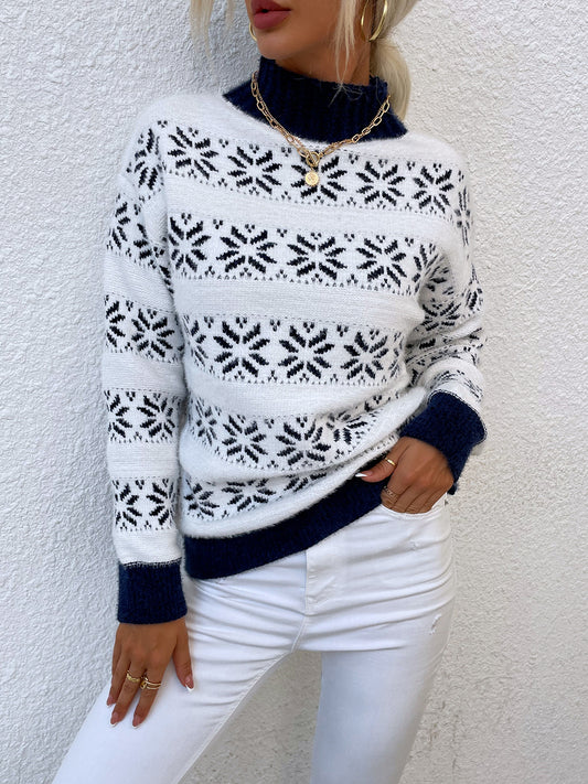 Snowflake Pattern Mock Neck Sweater