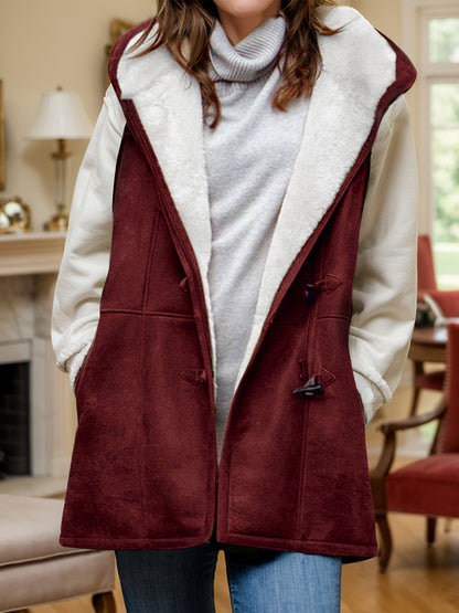 Fuzzy Hooded Vest Coat with Pockets