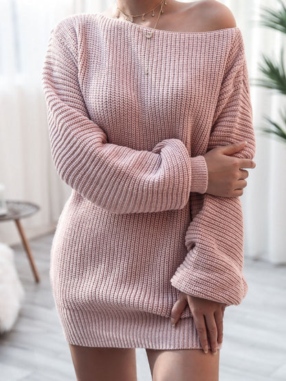 Balloon Sleeve Boat Neck Sweater Mini Dress