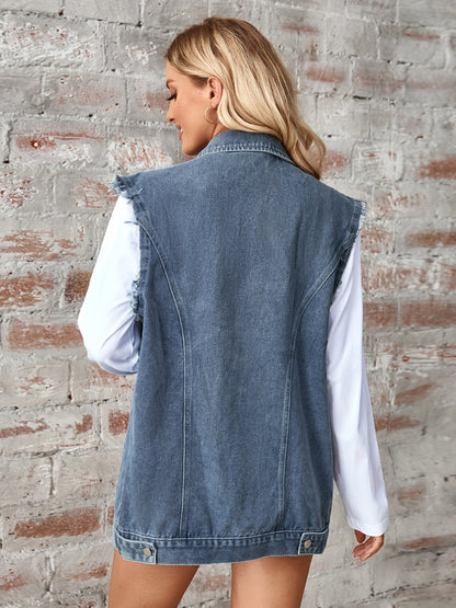 Raw Hem Sleeveless Button Up Denim Jacket