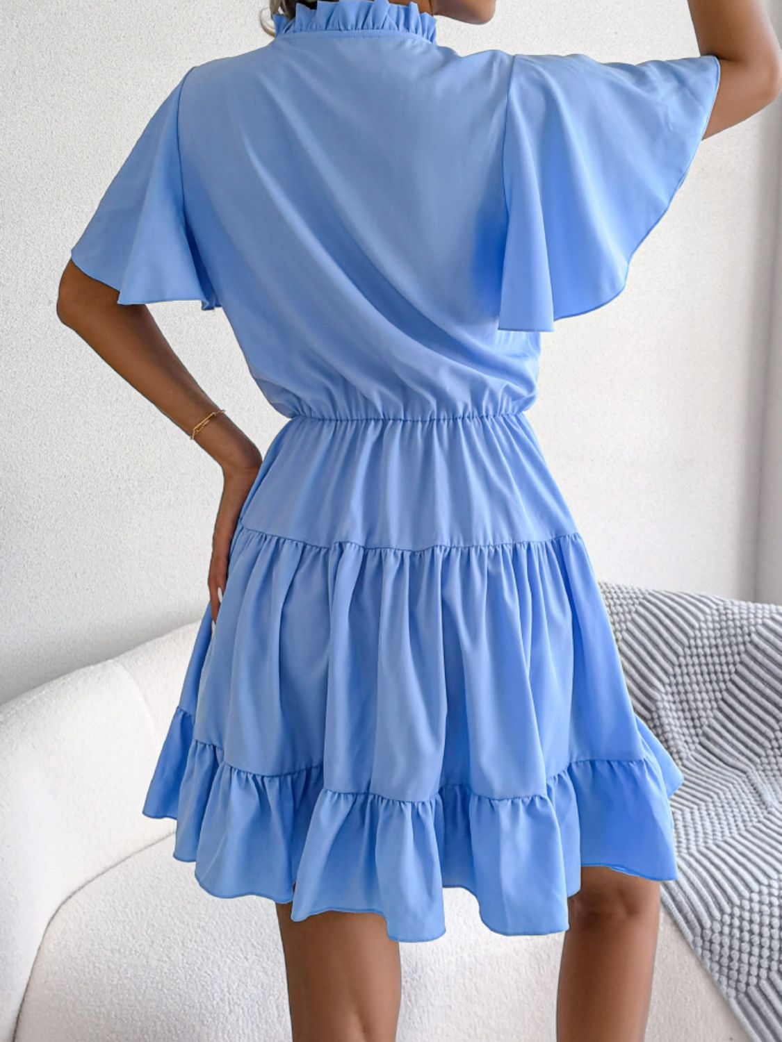 Tie Neck Tiered Flutter Sleeve Mini Dress