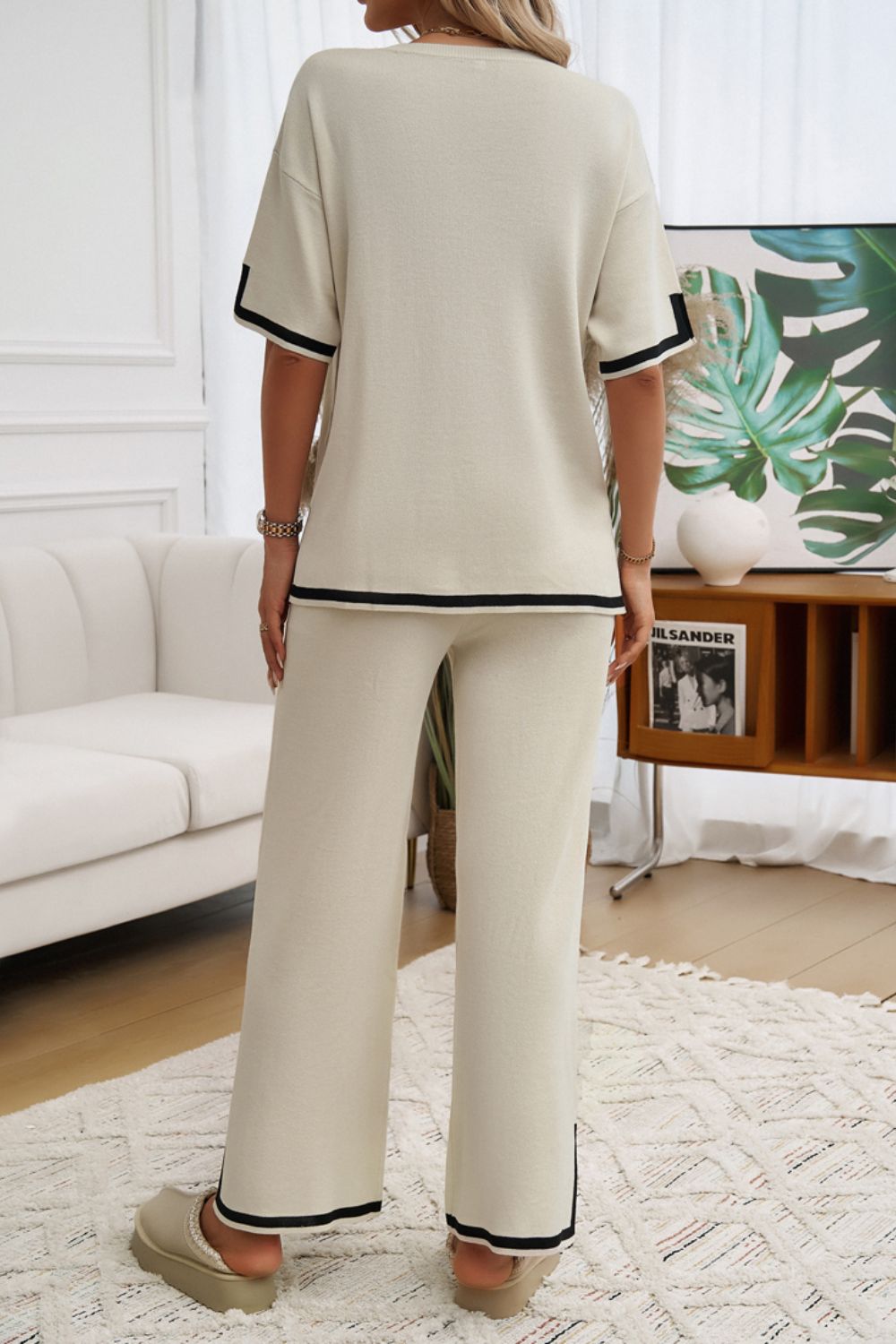 Contrast Trim Half Sleeve Top and Pants Set