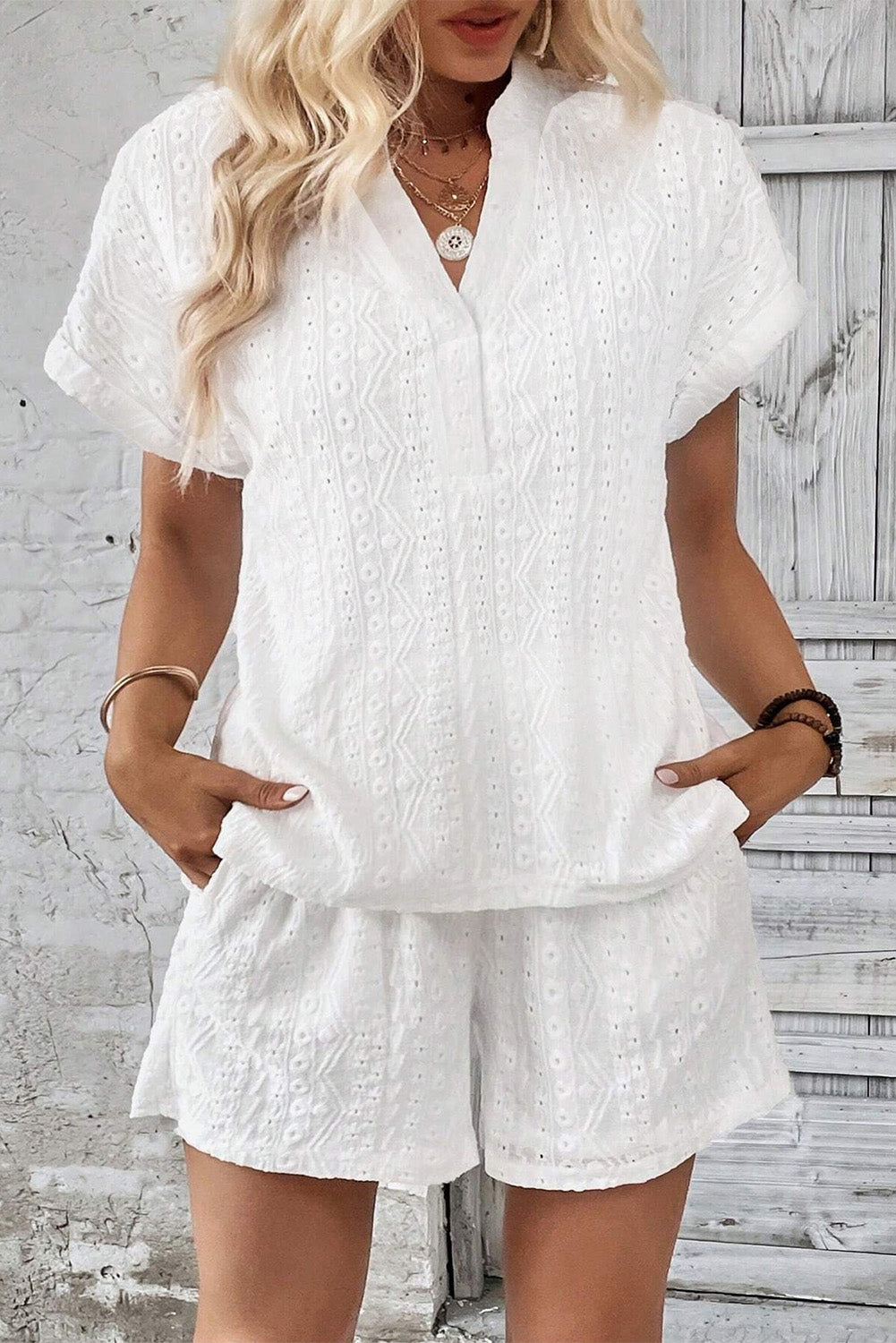 Notched Short Sleeve Top and Shorts Set