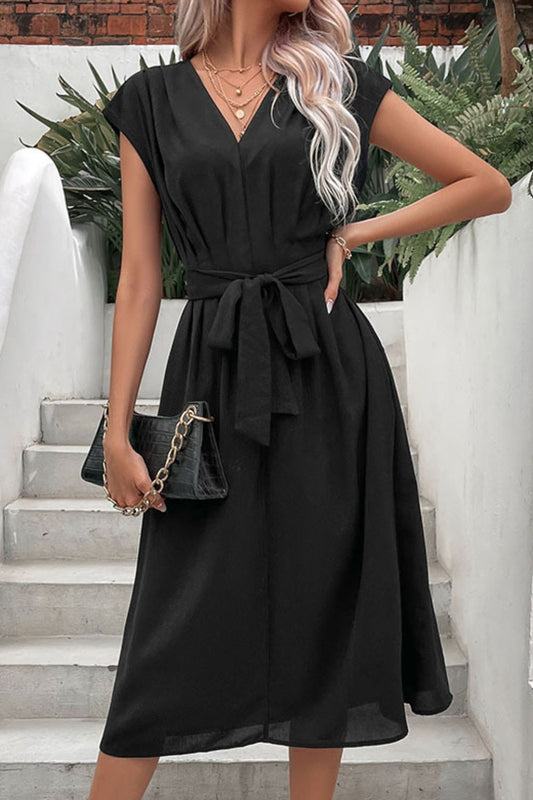 Perfee Tie Belt V-Neck Pleated Dress