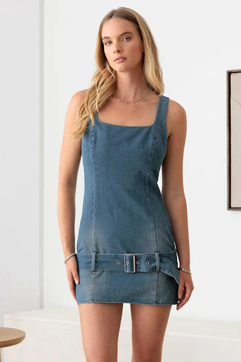 Low Slung Buckle Belt Mini Denim Dress