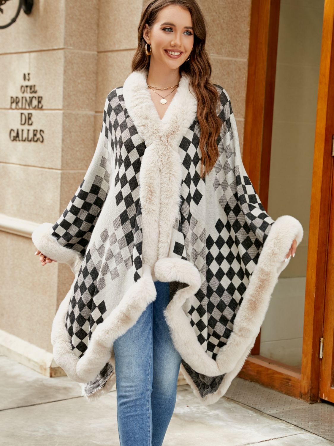 Checkered Faux Fur Trim Poncho