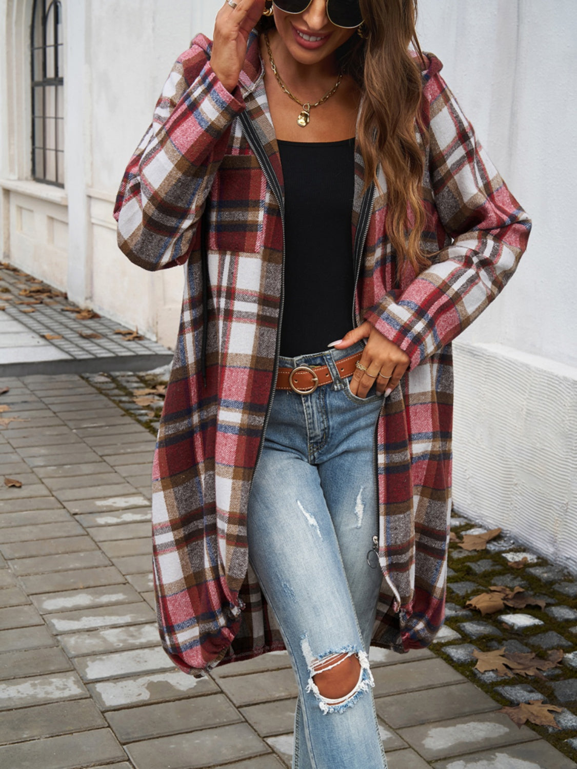 Devine Plaid Zip Up Hooded Coat