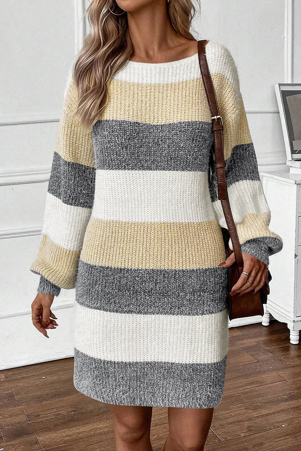 Color Block Boat Neck Long Sleeve Sweater Dress