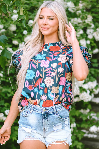 Printed Round Neck Short Sleeve Blouse