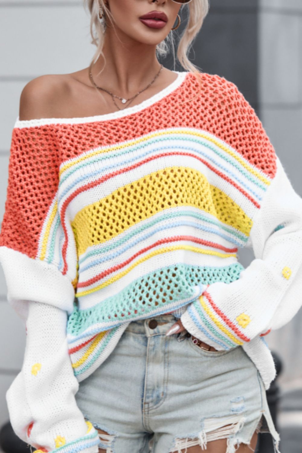 Hollow Striped Color Block Round Neck Sweater