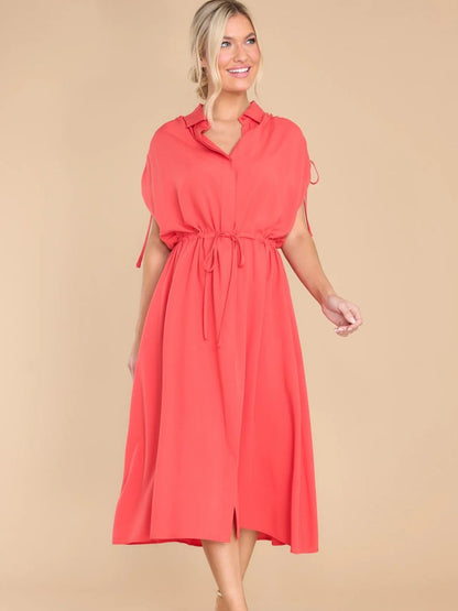 Drawstring Collared Neck Short Sleeve Midi Dress