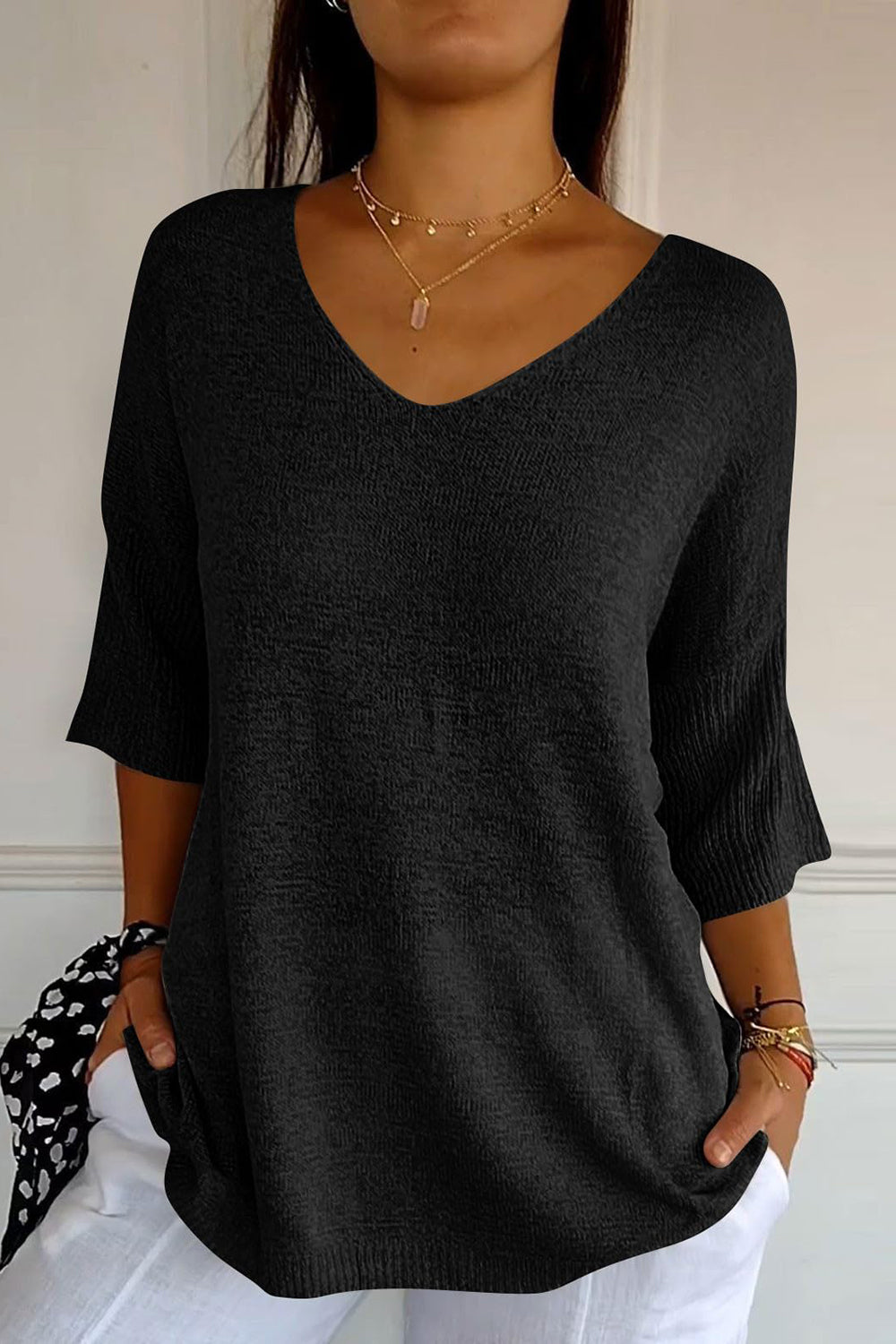 V-Neck Three-Quarter Sleeve Knit Top