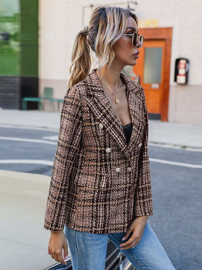 Full Size Plaid Lapel Collar Blazer