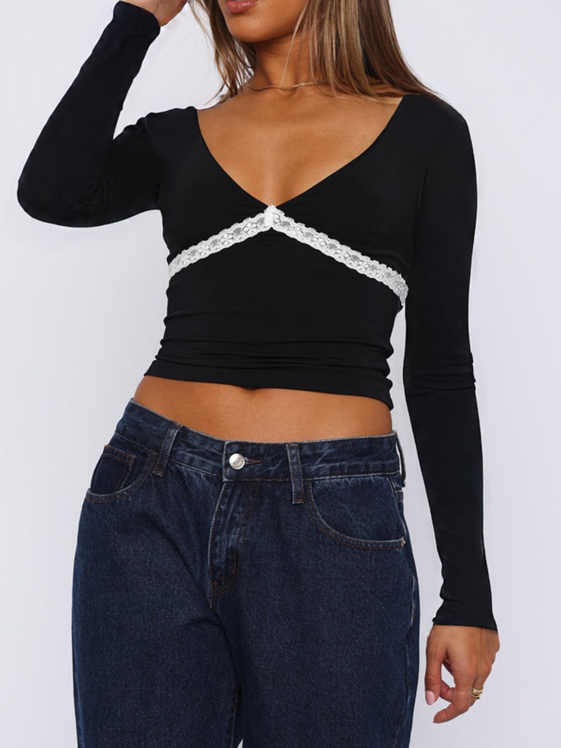 Devine Lace Detail Plunge Long Sleeve T-Shirt