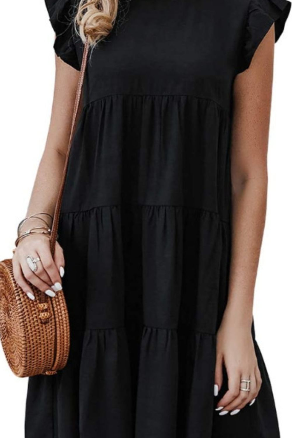 Ruffled Round Neck Cap Sleeve Mini Dress