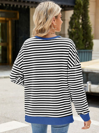 Slit Striped Round Neck Long Sleeve Sweatshirt