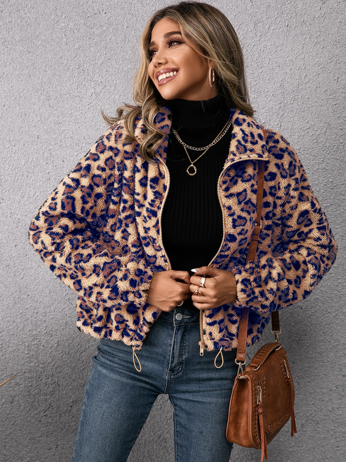 Drawstring Leopard Zip Up Jacket