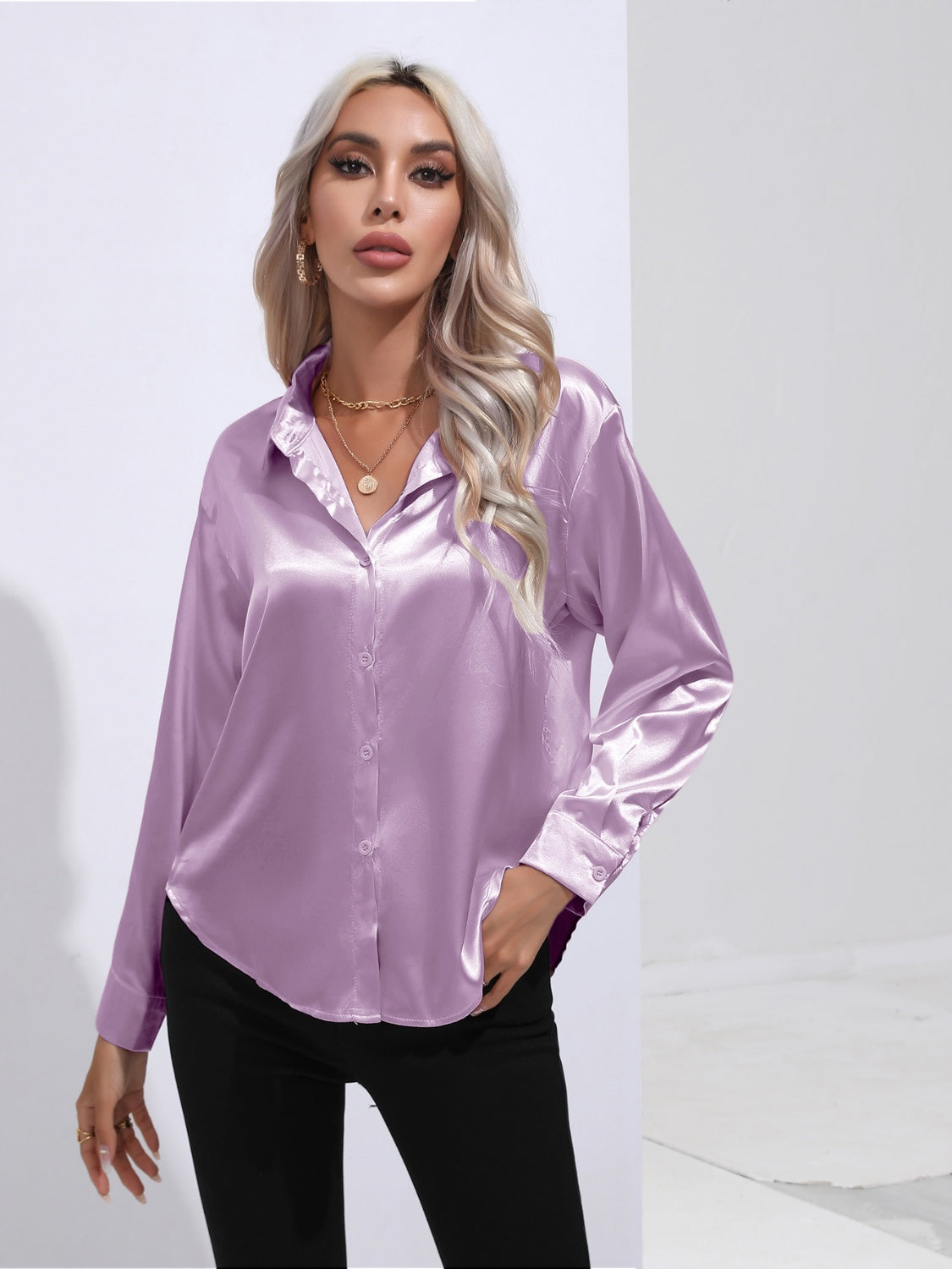 Collared Neck Buttoned Long Sleeve Shirt