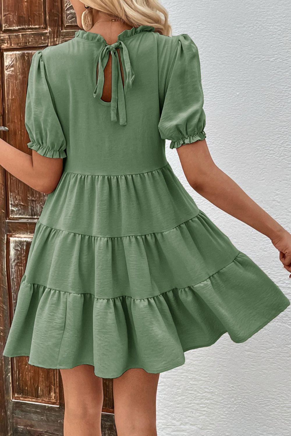 Perfee Puff Sleeve Tie Back Tiered Dress