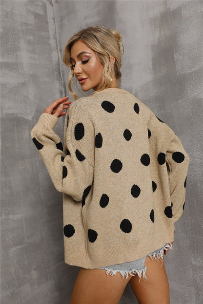 Polka Dot Open Front Drop Shoulder Cardigan