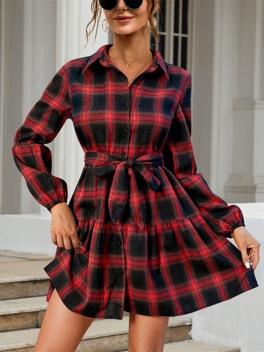 Tied Plaid Long Sleeve Mini Dress