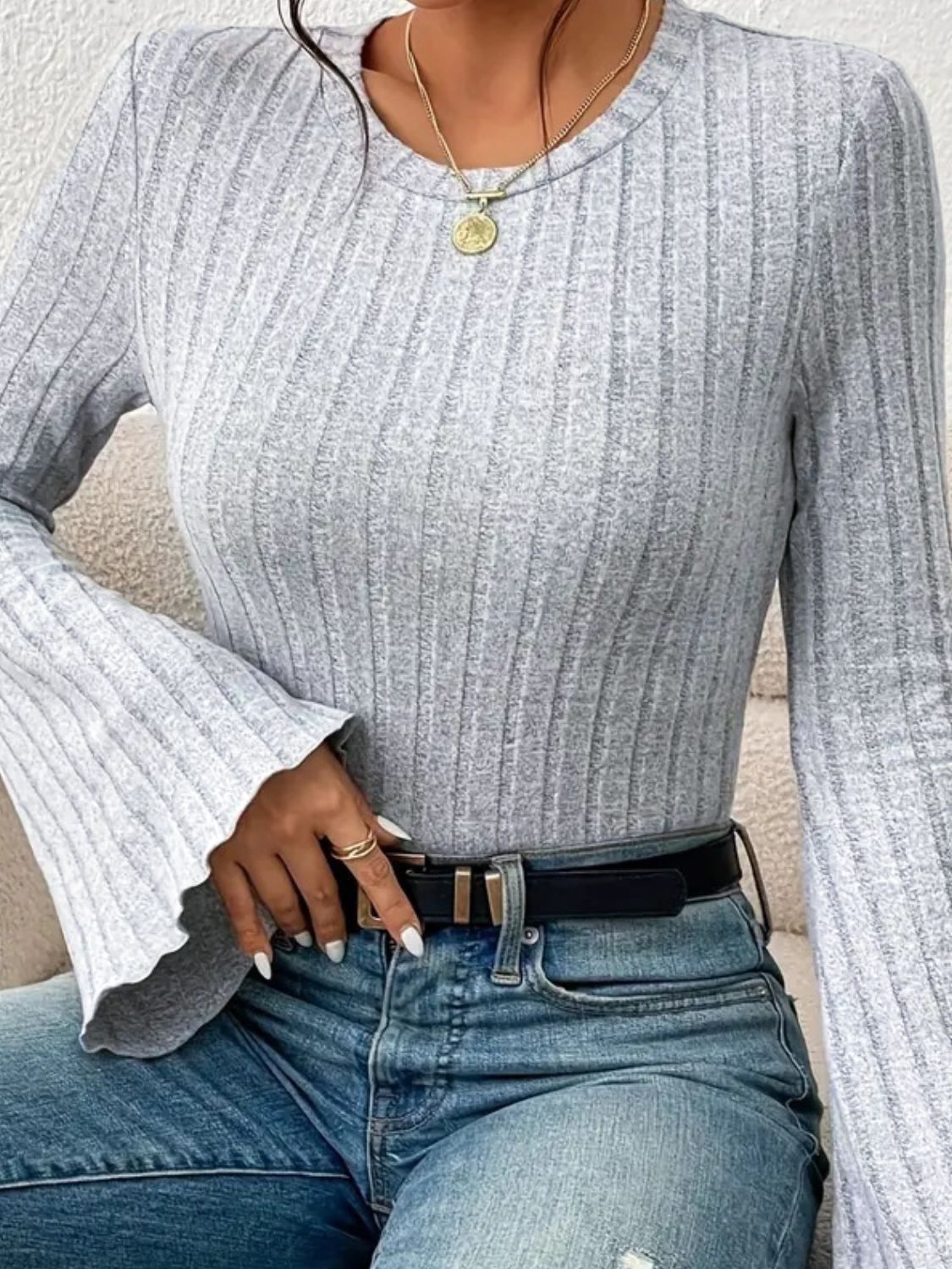 Ribbed Round Neck Flare Sleeve T-Shirt