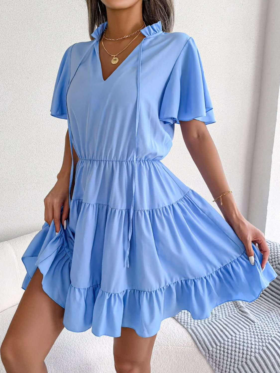 Tie Neck Tiered Flutter Sleeve Mini Dress