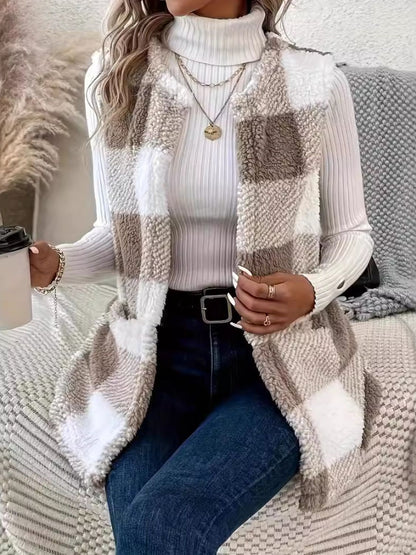 Plaid Open Front Vest Coat