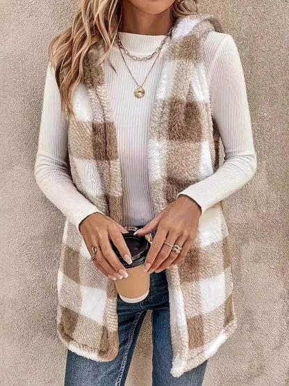 Fuzzy Plaid Hooded Vest Coat