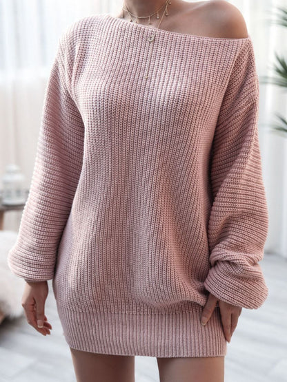 Balloon Sleeve Boat Neck Sweater Mini Dress