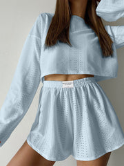 Eyelet Round Neck Top and Shorts Set