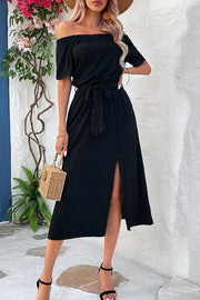 Perfee Tie-Waist Off-Shoulder Split Dress