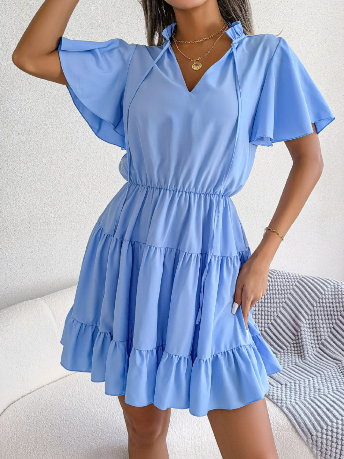 Tie Neck Tiered Flutter Sleeve Mini Dress