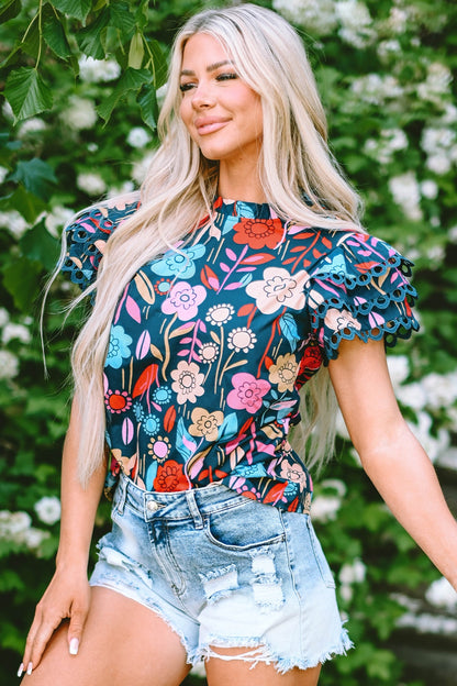 Printed Round Neck Short Sleeve Blouse