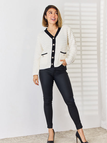 Contrast Trim Button Up Cardigan