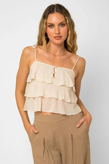 Sleeveless Ruffle Tiered Button Cami Top