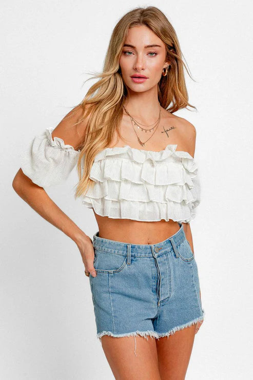 Off Shoulder Frill Stripe Ruffle Crop Top