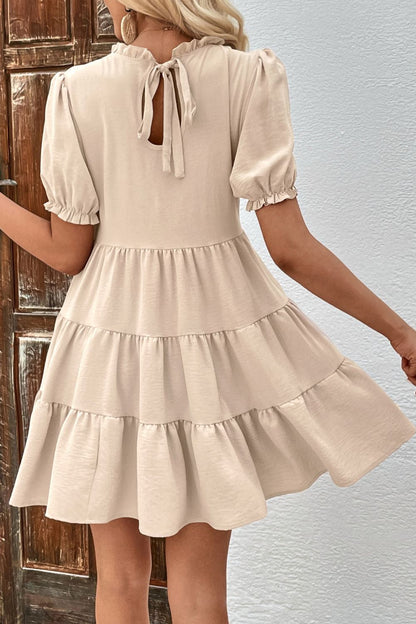 Perfee Puff Sleeve Tie Back Tiered Dress