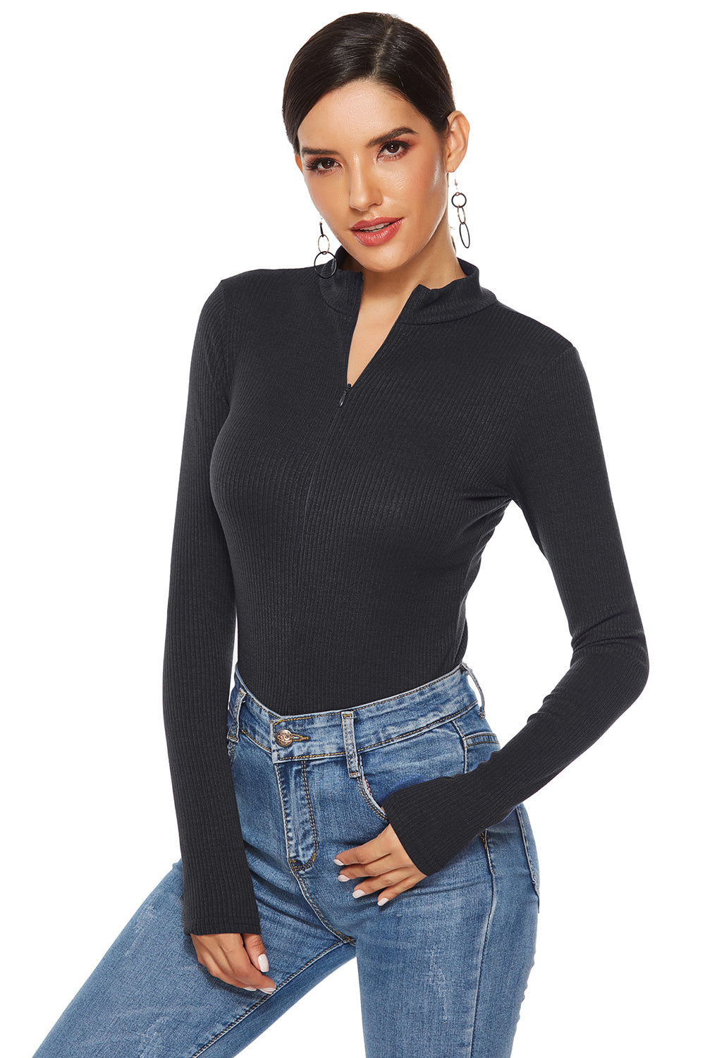 Full Size Ribbed Half Zip Long Sleeve Bodysuit