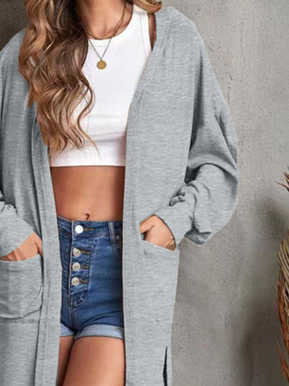 Pocketed Slit Open Front Hooded Cardigan