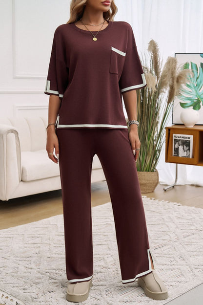 Contrast Trim Half Sleeve Top and Pants Set