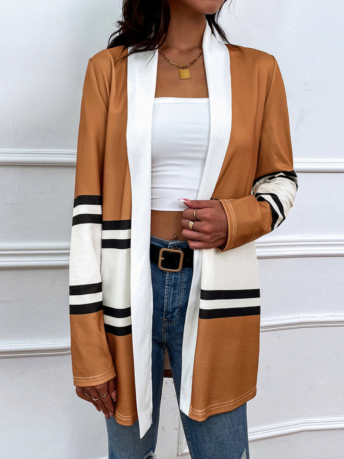 Shiny Color Block Open Front Cardigan