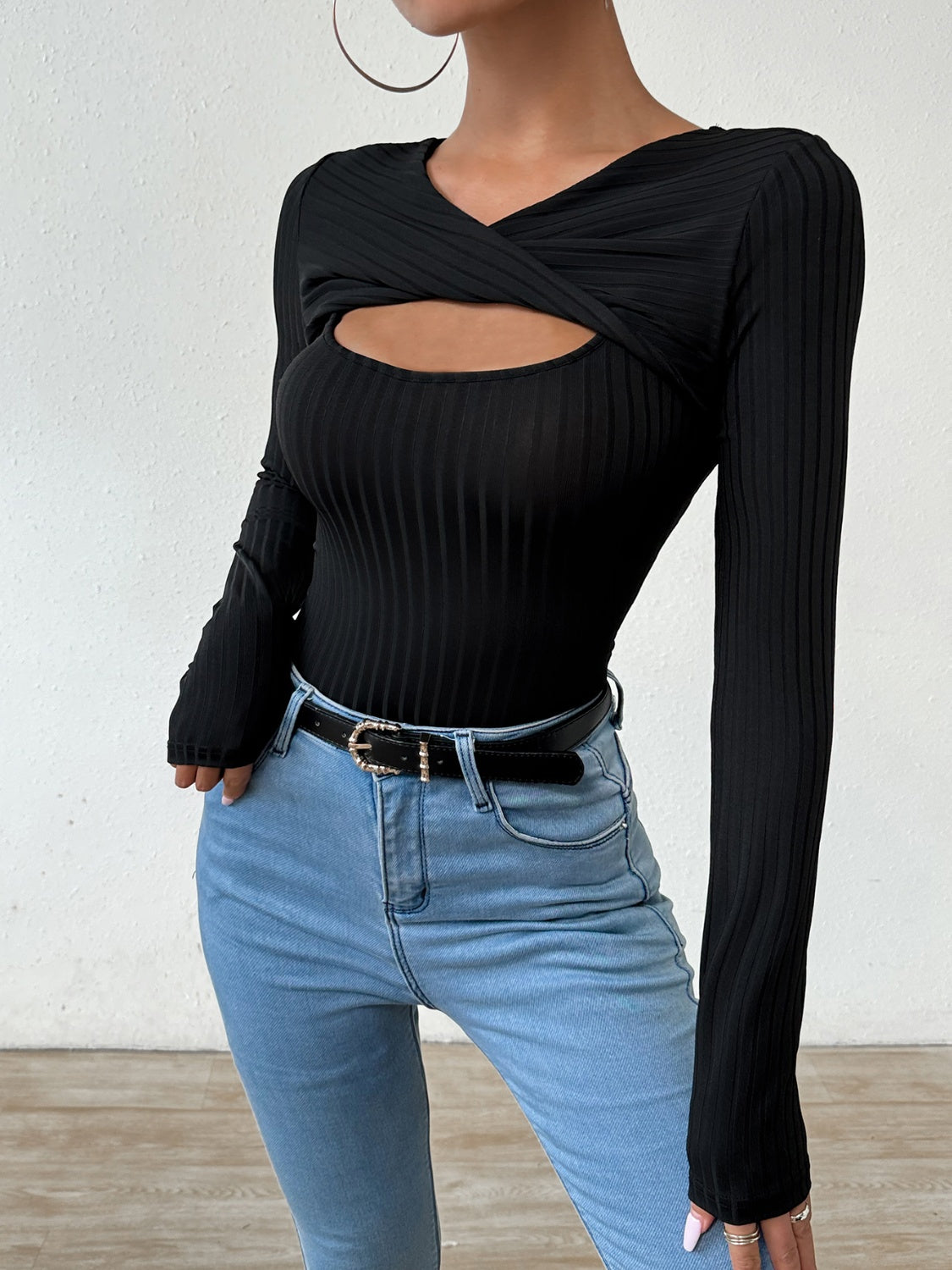 Cutout Surplice Long Sleeve T-Shirt