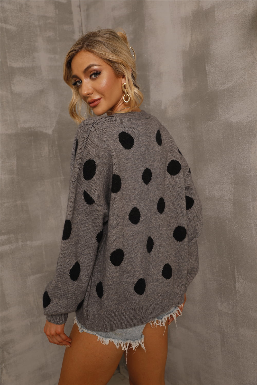 Polka Dot Open Front Drop Shoulder Cardigan