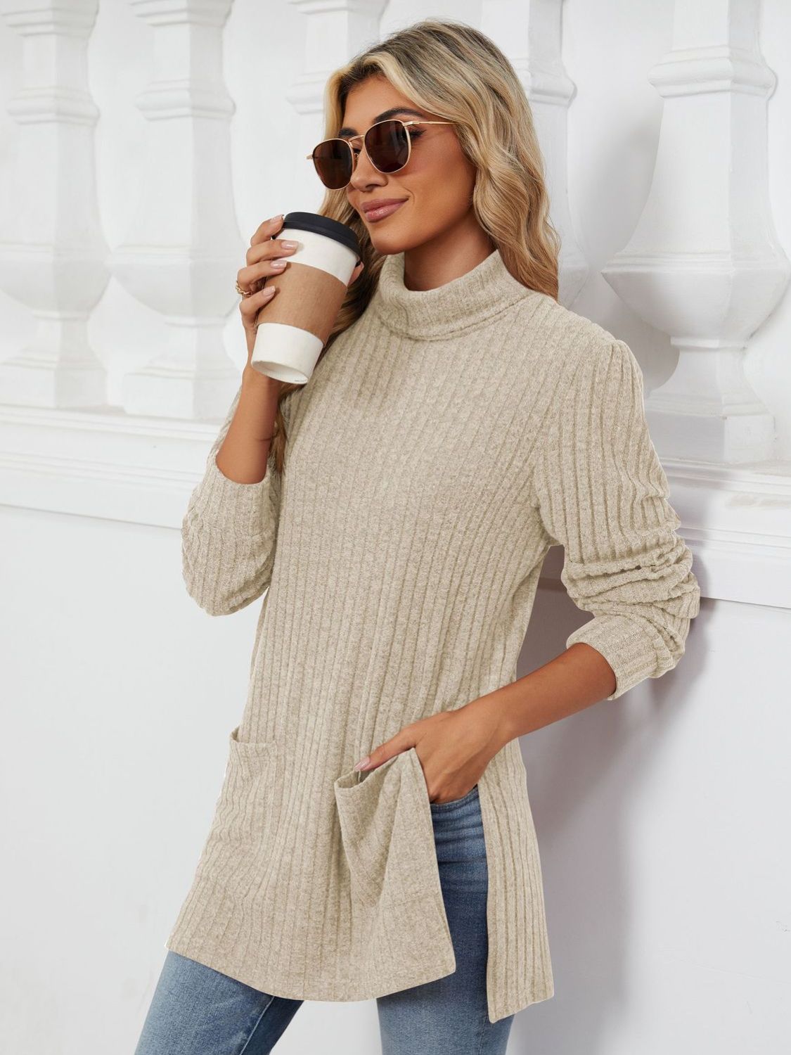 Slit Mock Neck Long Sleeve T-Shirt