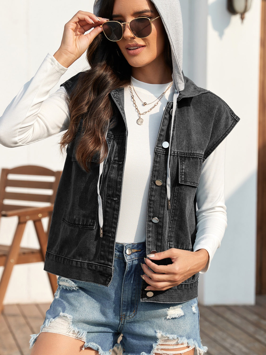 Drawstring Button Up Sleeveless Denim Jacket