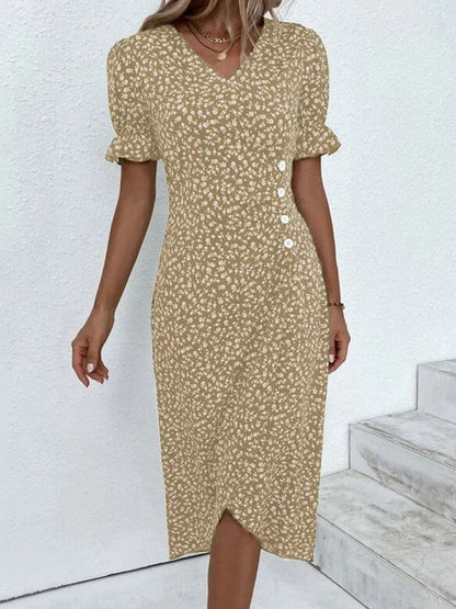 Full Size Printed Surplice Flounce Sleeve Midi Dress