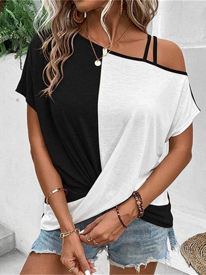 Contrast Asymmetrical Neck Short Sleeve T-Shirt