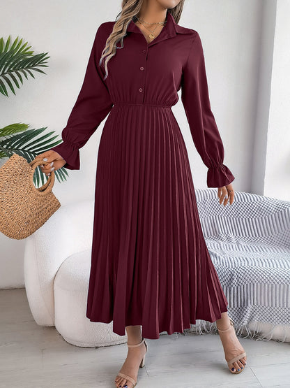 Pleated Half Button Long Sleeve Midi Dress