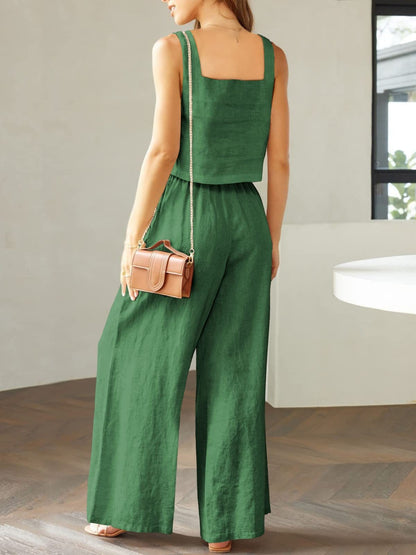 Square Neck Top and Wide Leg Pants Set